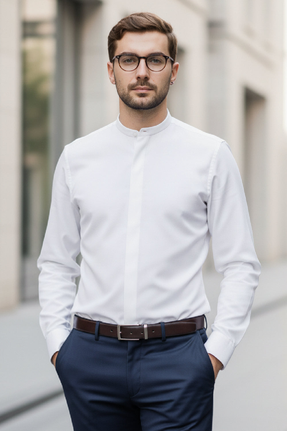 Cotton Mandarin Collar Key Shirt