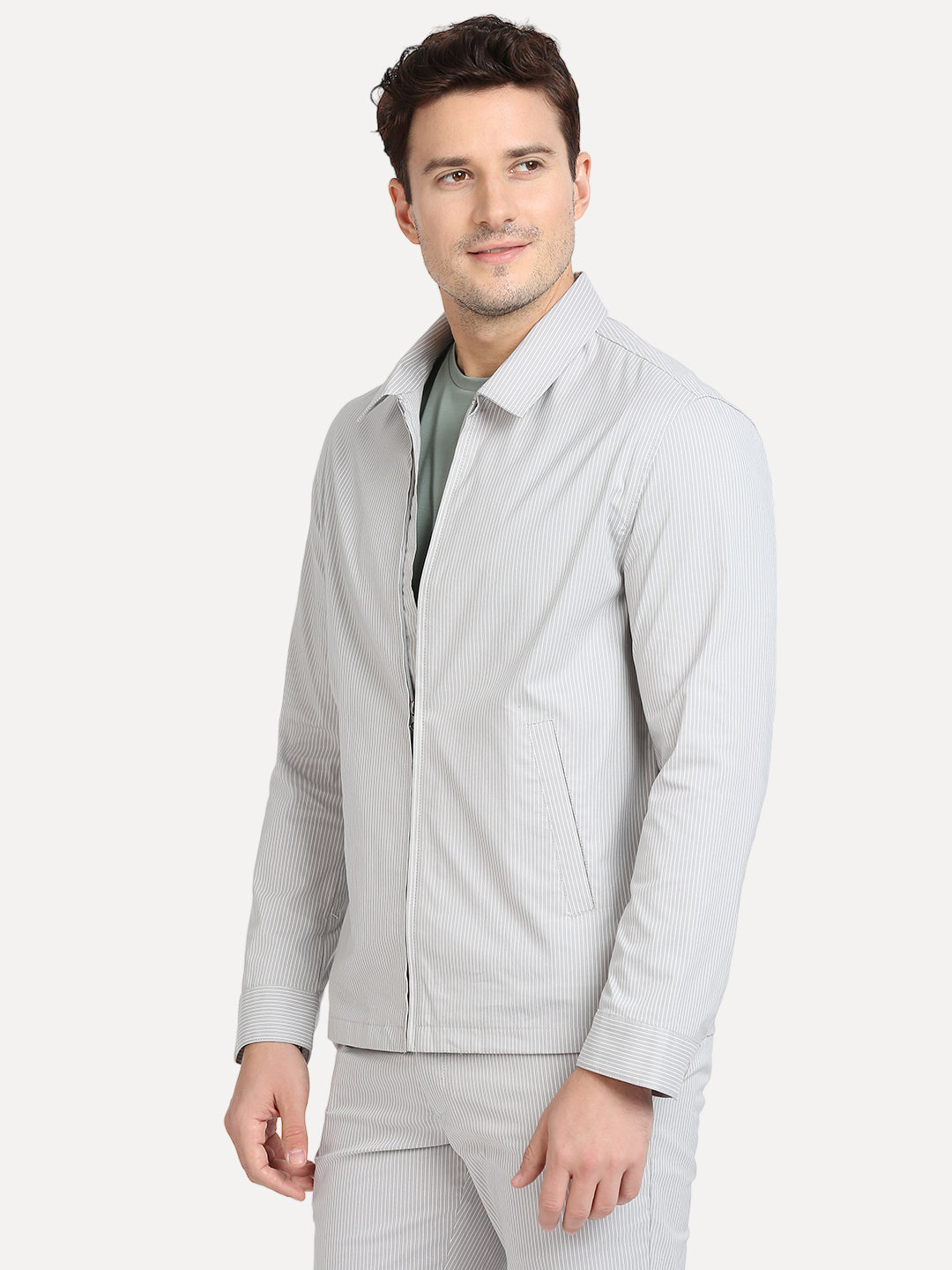 full sleeves regular grey shacket for men