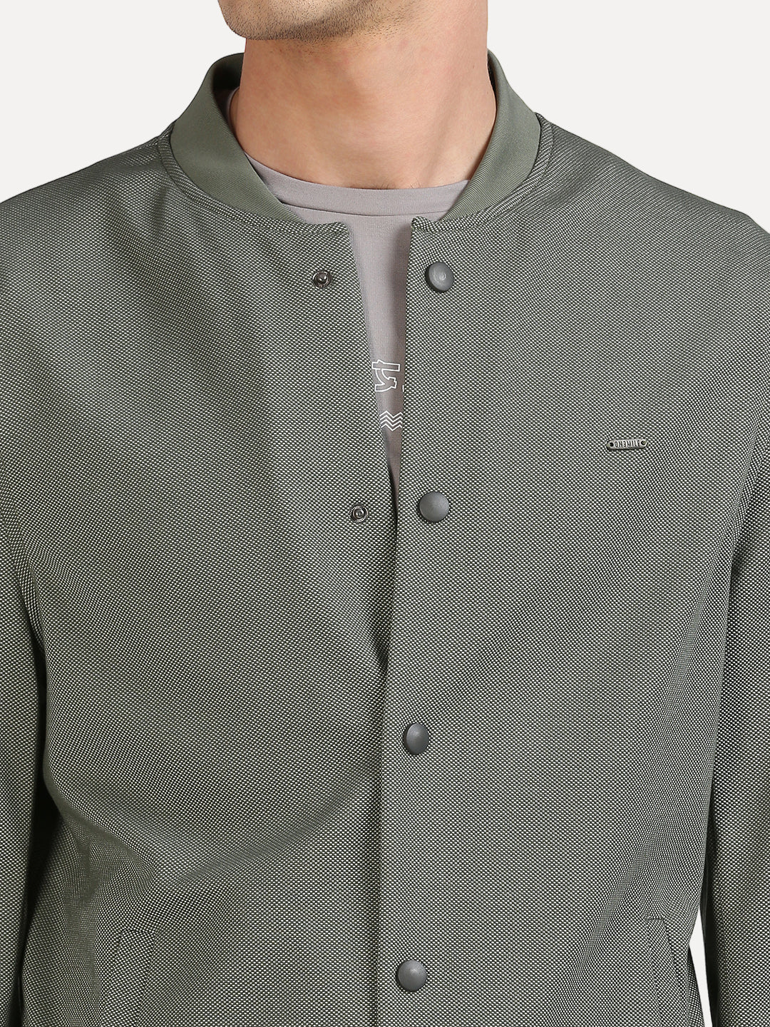 snap button olive green shacket for men